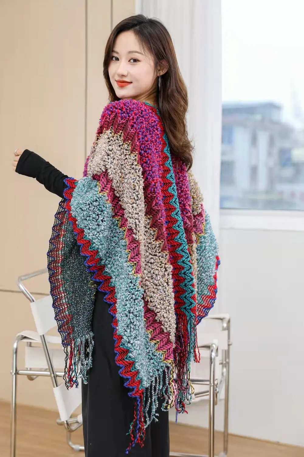 Ethnic Style Cape Oversized Sweater Jacket Women Fashion New Loose Patchwork Warm Long Scarf Knitted Cardigan Woman