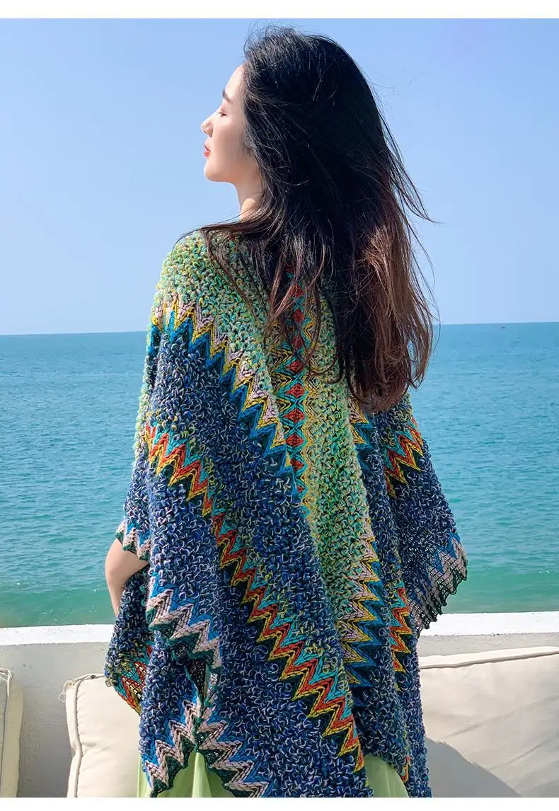 Ethnic Style Cape Oversized Sweater Jacket Women Fashion New Loose Patchwork Warm Long Scarf Knitted Cardigan Woman