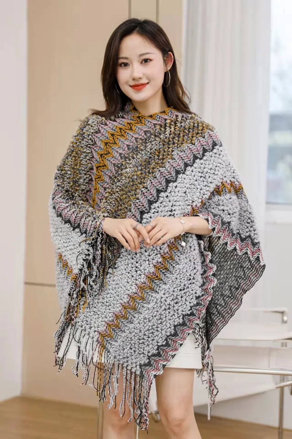 Ethnic Style Cape Oversized Sweater Jacket Women Fashion New Loose Patchwork Warm Long Scarf Knitted Cardigan Woman