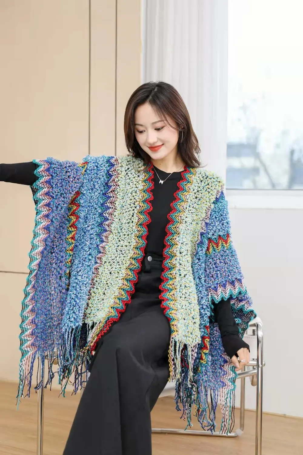 Ethnic Style Cape Oversized Sweater Jacket Women Fashion New Loose Patchwork Warm Long Scarf Knitted Cardigan Woman