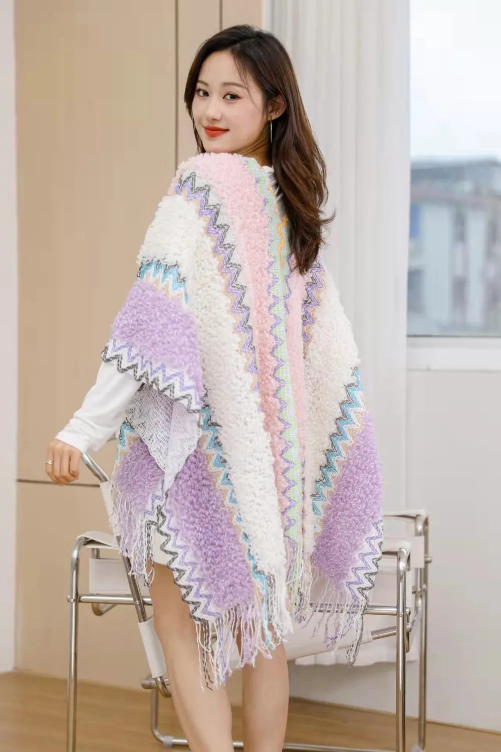 Ethnic Style Cape Oversized Sweater Jacket Women Fashion New Loose Patchwork Warm Long Scarf Knitted Cardigan Woman