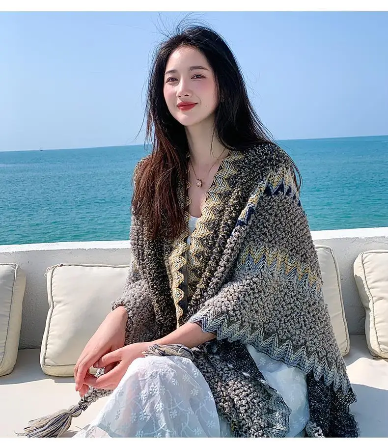 Ethnic Style Cape Oversized Sweater Jacket Women Fashion New Loose Patchwork Warm Long Scarf Knitted Cardigan Woman