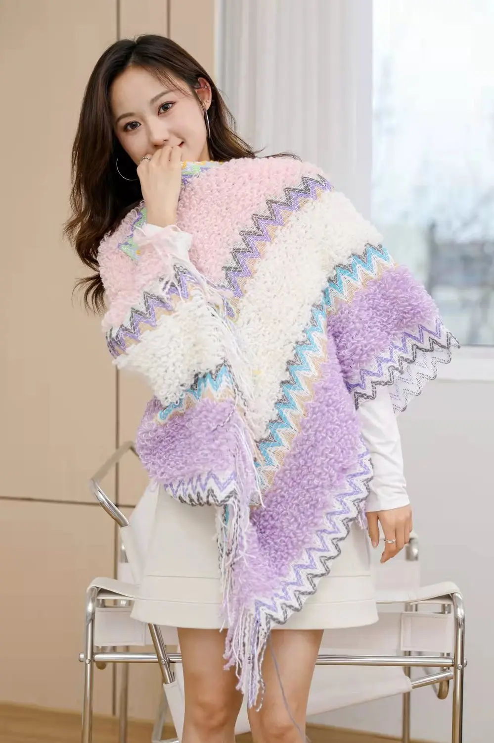 Ethnic Style Cape Oversized Sweater Jacket Women Fashion New Loose Patchwork Warm Long Scarf Knitted Cardigan Woman