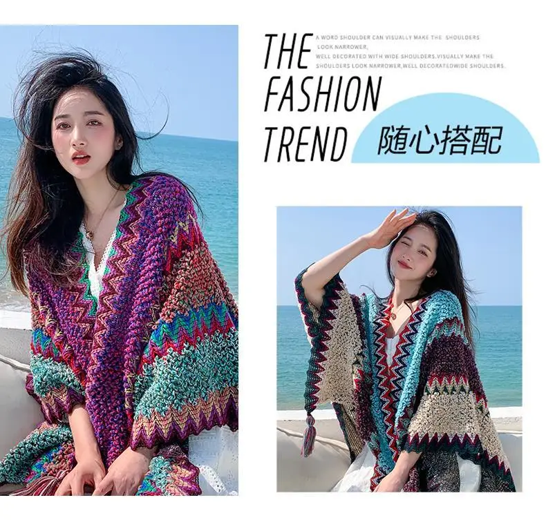 Ethnic Style Cape Oversized Sweater Jacket Women Fashion New Loose Patchwork Warm Long Scarf Knitted Cardigan Woman