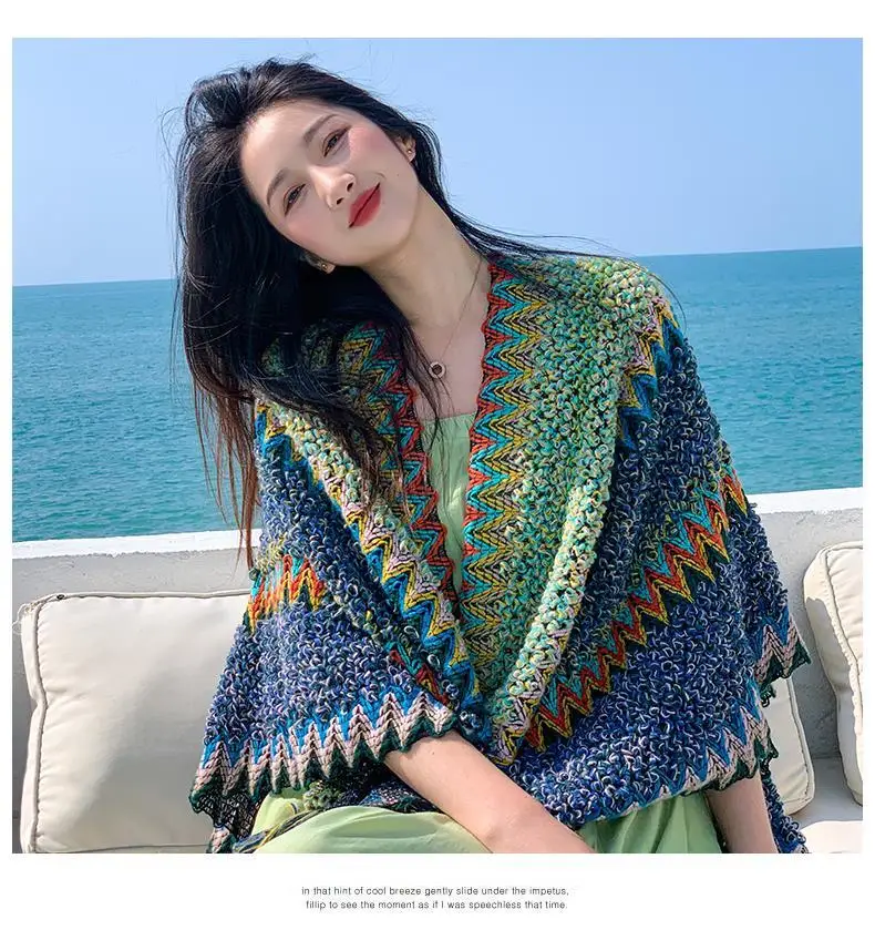 Ethnic Style Cape Oversized Sweater Jacket Women Fashion New Loose Patchwork Warm Long Scarf Knitted Cardigan Woman