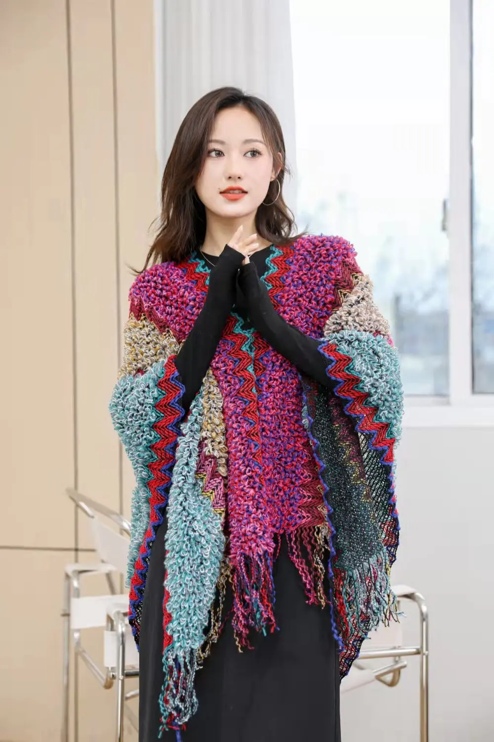 Ethnic Style Cape Oversized Sweater Jacket Women Fashion New Loose Patchwork Warm Long Scarf Knitted Cardigan Woman