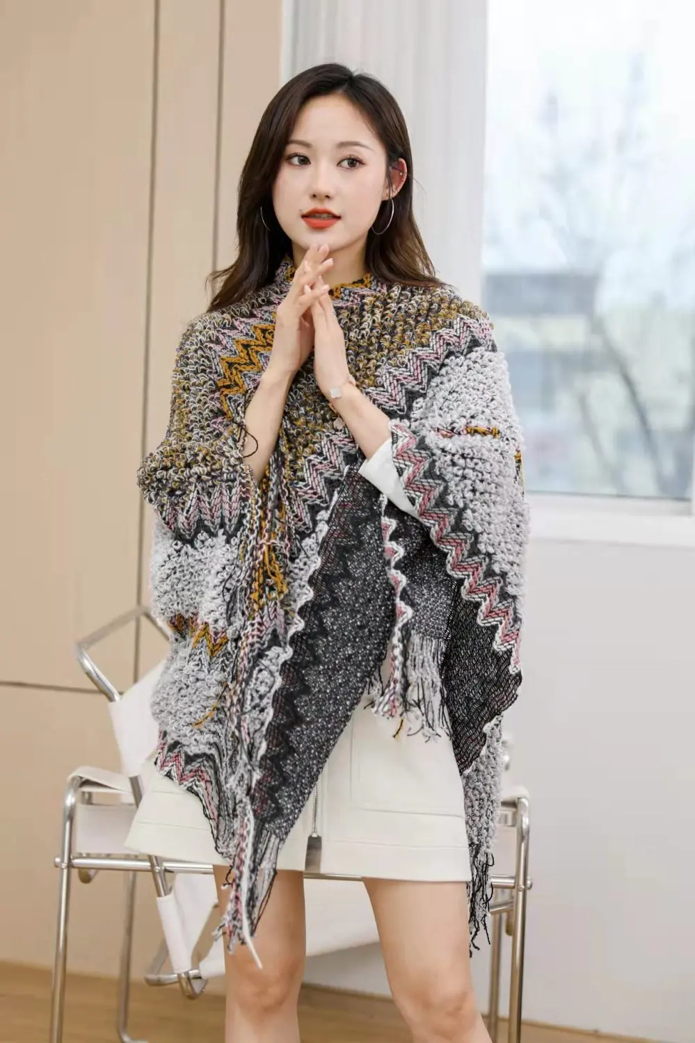 Ethnic Style Cape Oversized Sweater Jacket Women Fashion New Loose Patchwork Warm Long Scarf Knitted Cardigan Woman