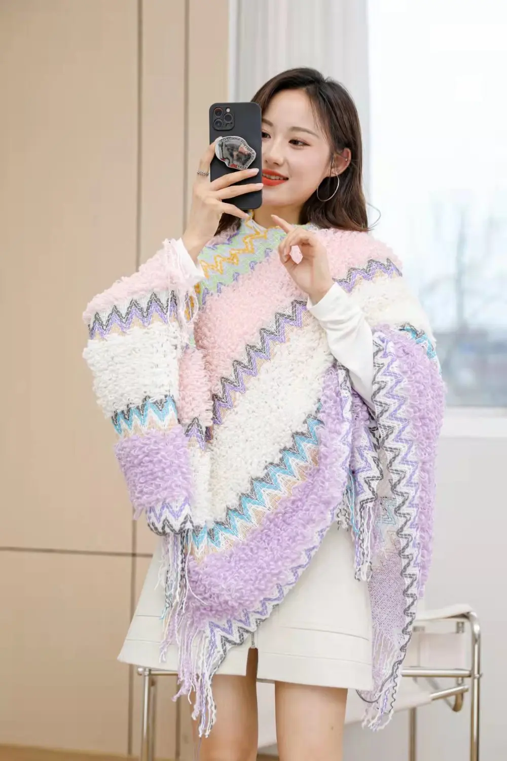 Ethnic Style Cape Oversized Sweater Jacket Women Fashion New Loose Patchwork Warm Long Scarf Knitted Cardigan Woman