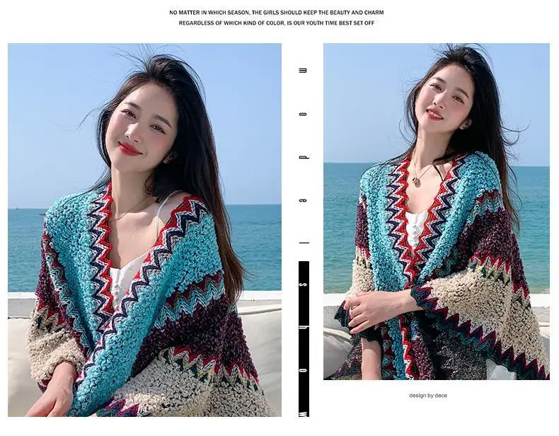 Ethnic Style Cape Oversized Sweater Jacket Women Fashion New Loose Patchwork Warm Long Scarf Knitted Cardigan Woman