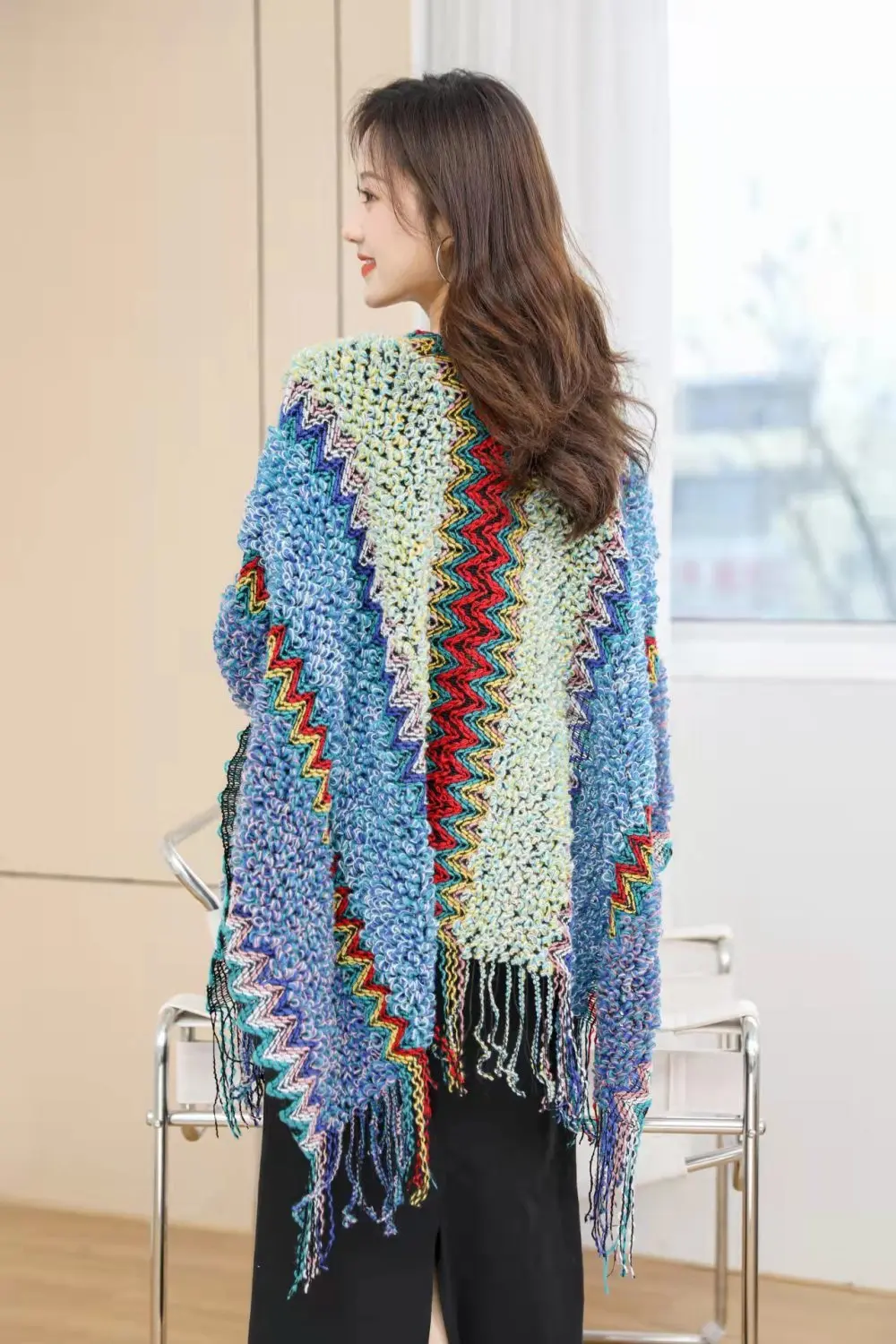 Ethnic Style Cape Oversized Sweater Jacket Women Fashion New Loose Patchwork Warm Long Scarf Knitted Cardigan Woman