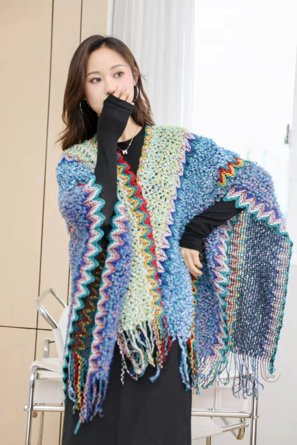 Ethnic Style Cape Oversized Sweater Jacket Women Fashion New Loose Patchwork Warm Long Scarf Knitted Cardigan Woman
