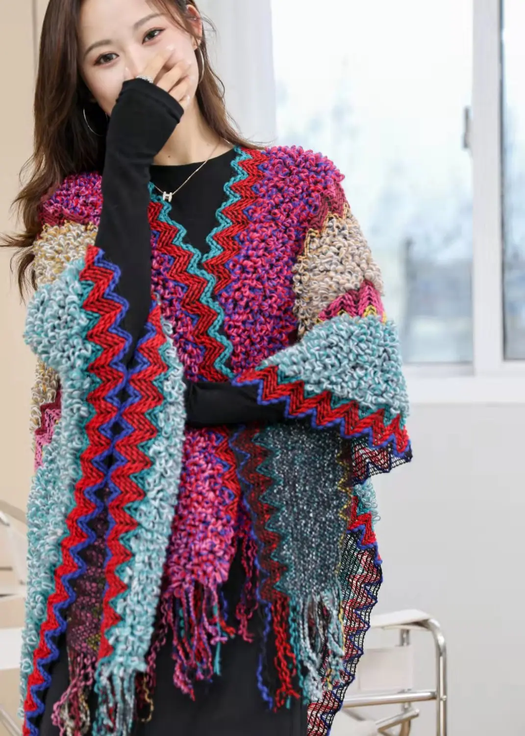 Ethnic Style Cape Oversized Sweater Jacket Women Fashion New Loose Patchwork Warm Long Scarf Knitted Cardigan Woman