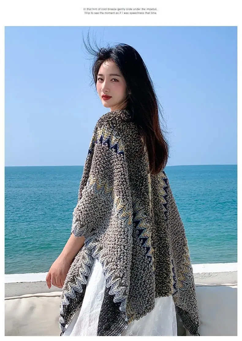 Ethnic Style Cape Oversized Sweater Jacket Women Fashion New Loose Patchwork Warm Long Scarf Knitted Cardigan Woman