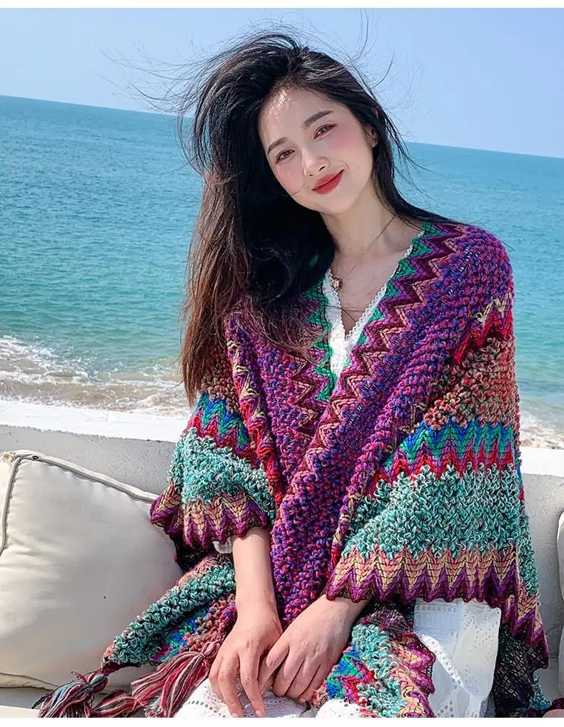 Ethnic Style Cape Oversized Sweater Jacket Women Fashion New Loose Patchwork Warm Long Scarf Knitted Cardigan Woman