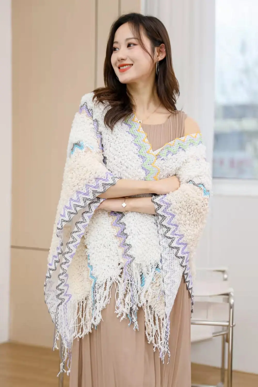 Ethnic Style Cape Oversized Sweater Jacket Women Fashion New Loose Patchwork Warm Long Scarf Knitted Cardigan Woman