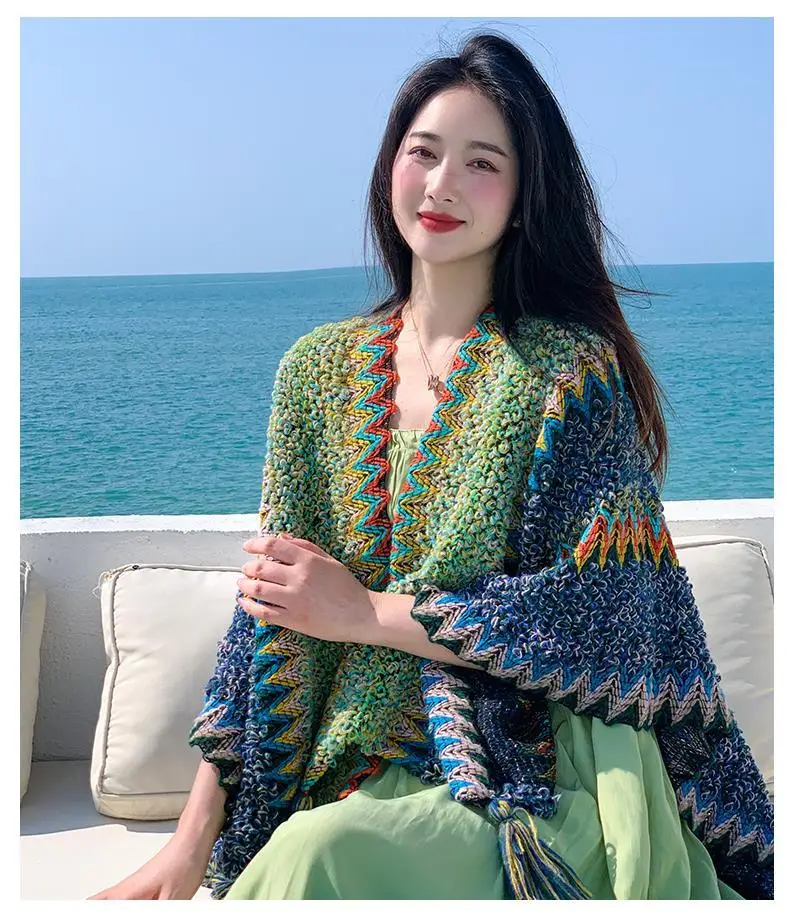 Ethnic Style Cape Oversized Sweater Jacket Women Fashion New Loose Patchwork Warm Long Scarf Knitted Cardigan Woman