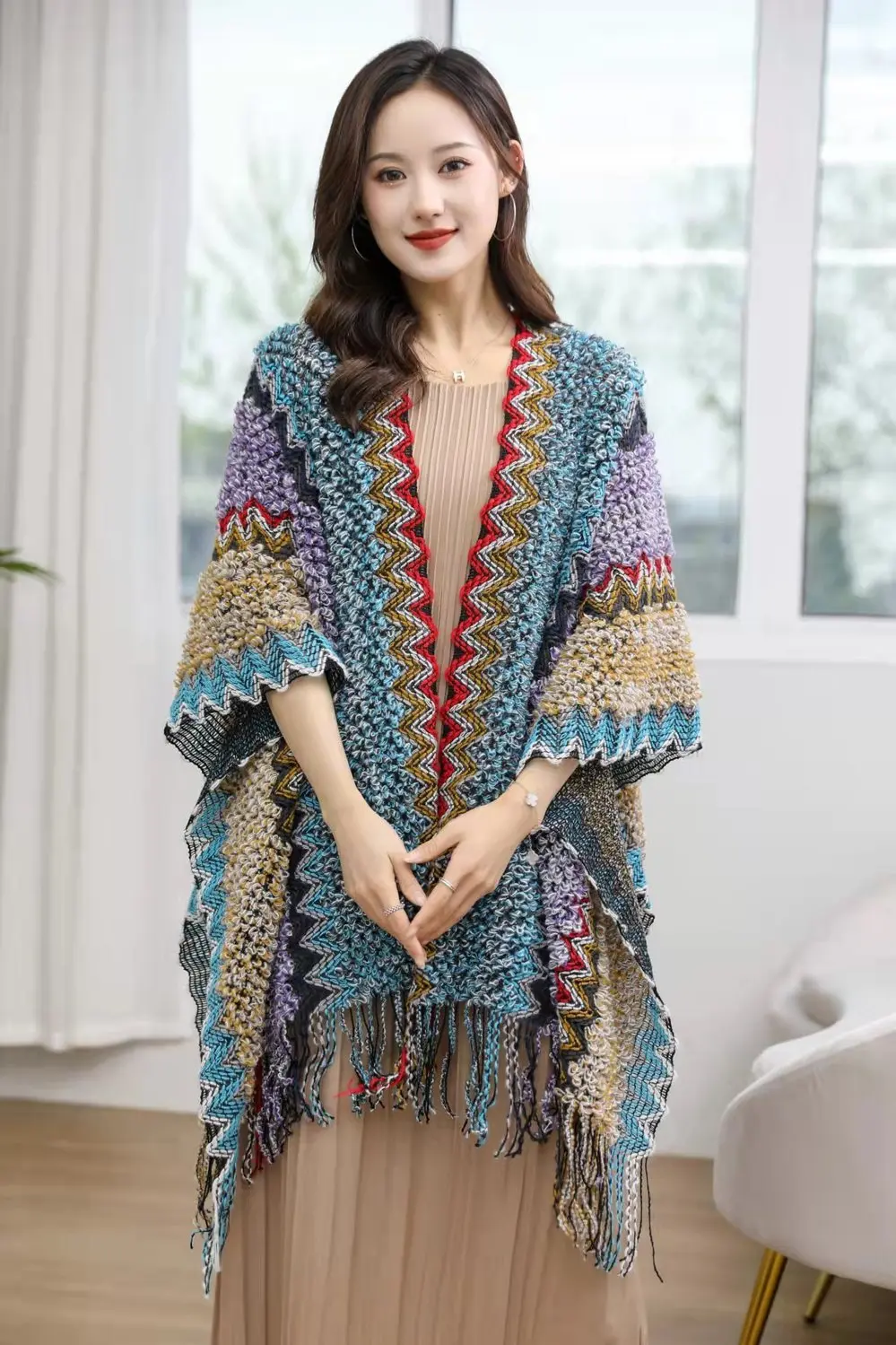 Ethnic Style Cape Oversized Sweater Jacket Women Fashion New Loose Patchwork Warm Long Scarf Knitted Cardigan Woman