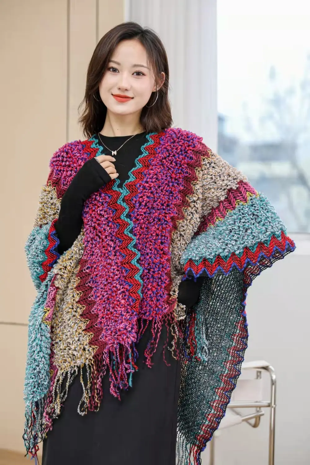 Ethnic Style Cape Oversized Sweater Jacket Women Fashion New Loose Patchwork Warm Long Scarf Knitted Cardigan Woman