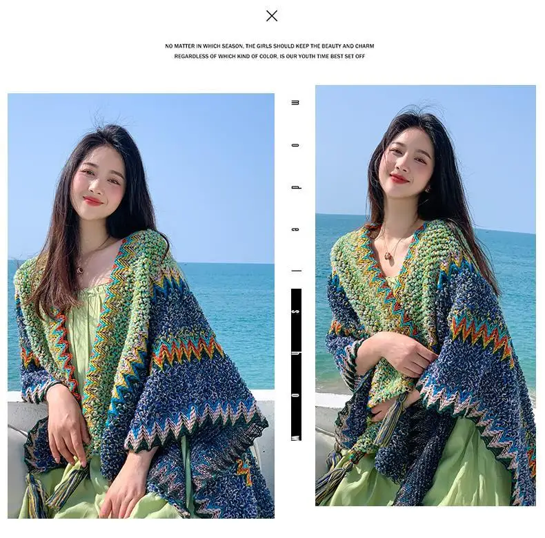 Ethnic Style Cape Oversized Sweater Jacket Women Fashion New Loose Patchwork Warm Long Scarf Knitted Cardigan Woman