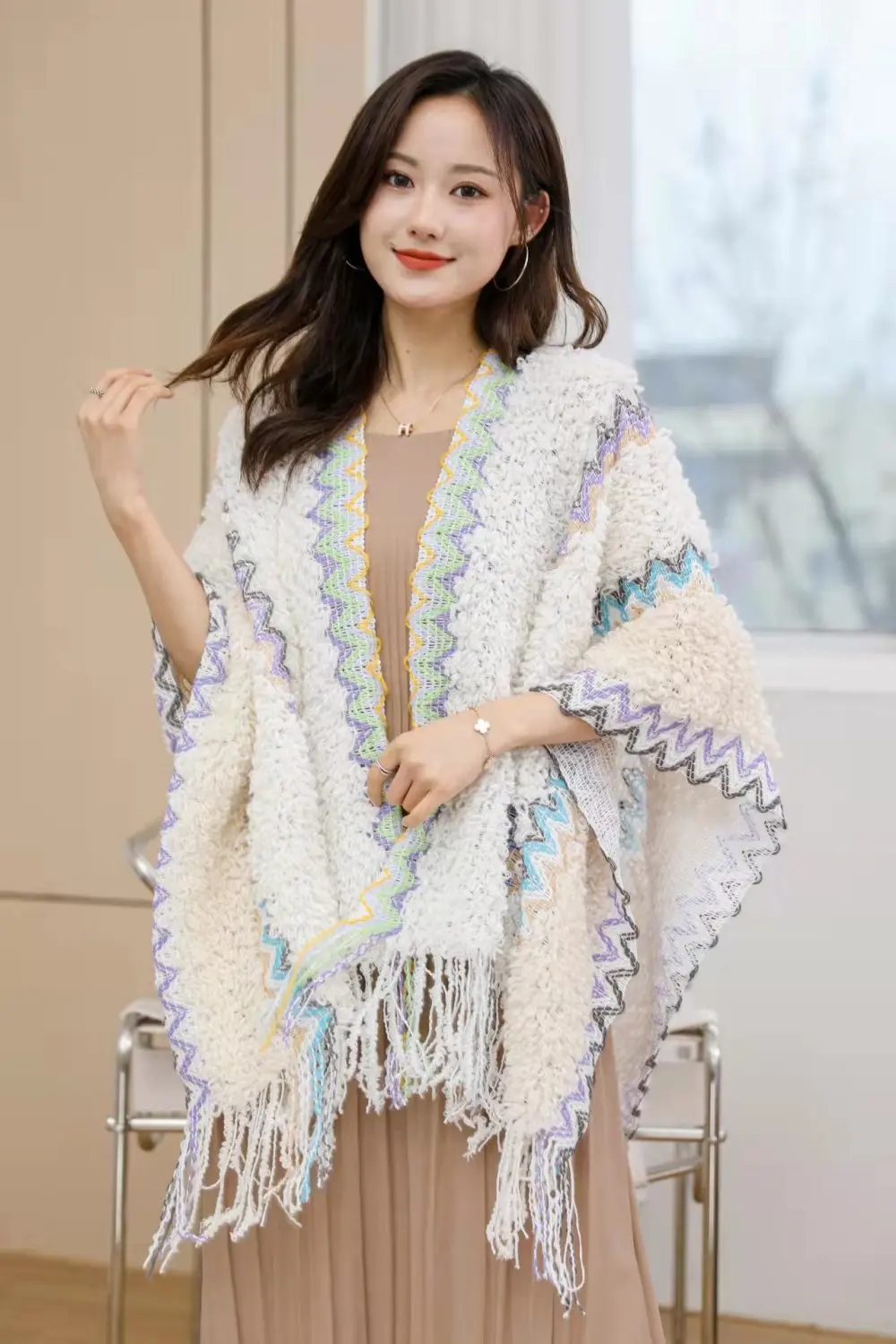 Ethnic Style Cape Oversized Sweater Jacket Women Fashion New Loose Patchwork Warm Long Scarf Knitted Cardigan Woman