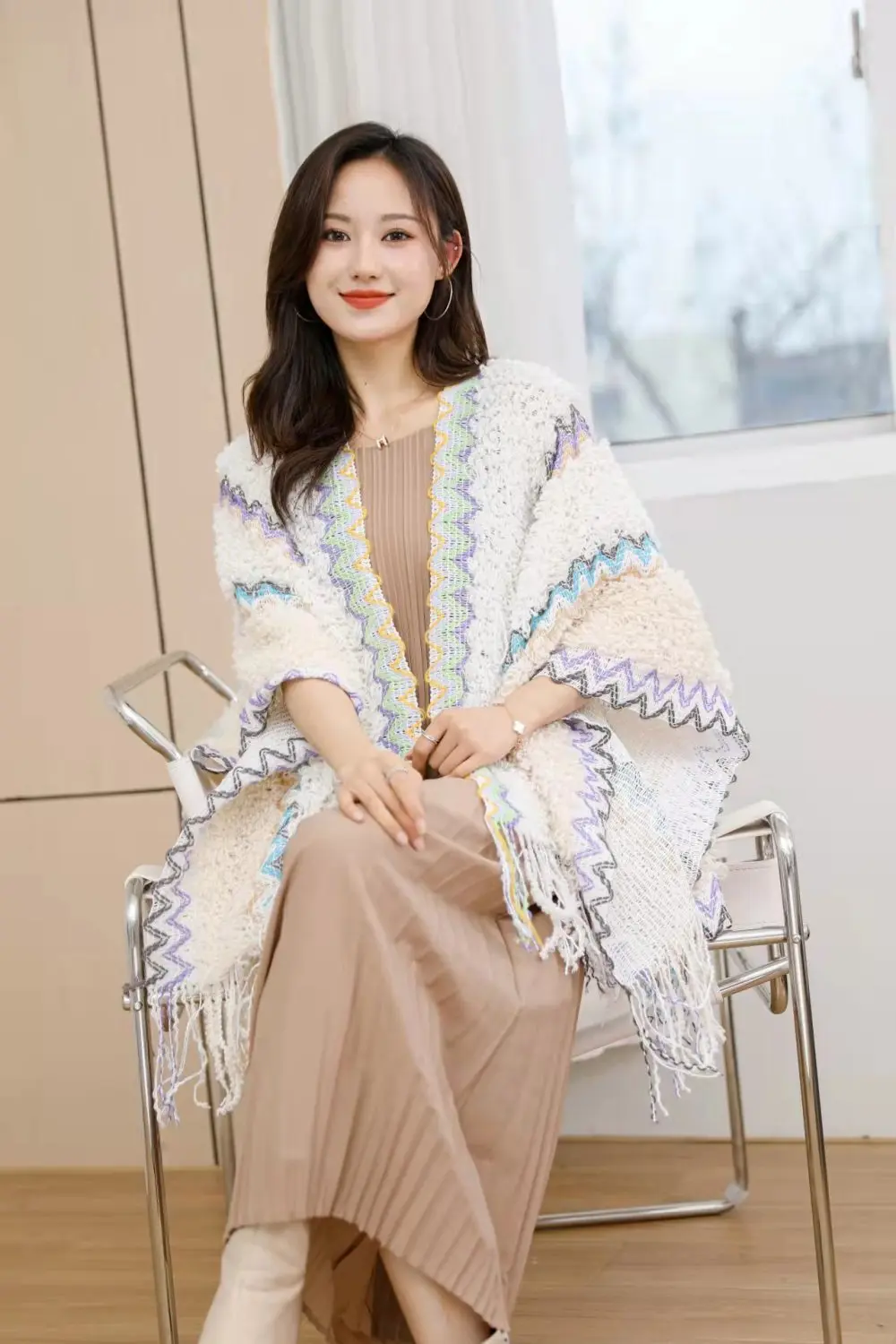 Ethnic Style Cape Oversized Sweater Jacket Women Fashion New Loose Patchwork Warm Long Scarf Knitted Cardigan Woman