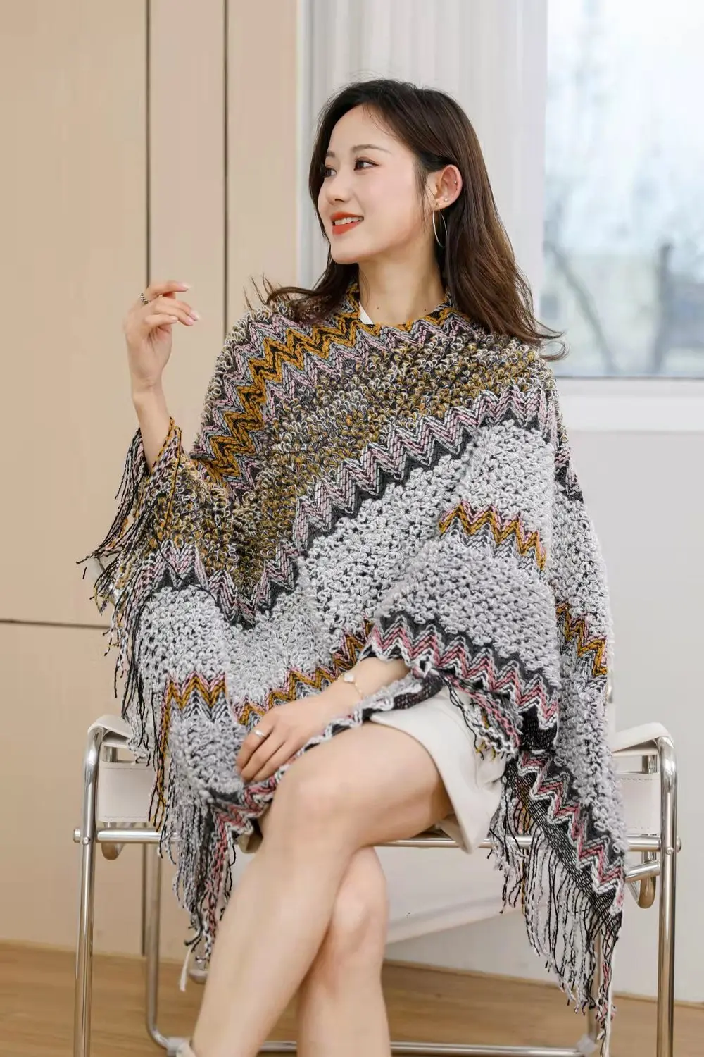 Ethnic Style Cape Oversized Sweater Jacket Women Fashion New Loose Patchwork Warm Long Scarf Knitted Cardigan Woman