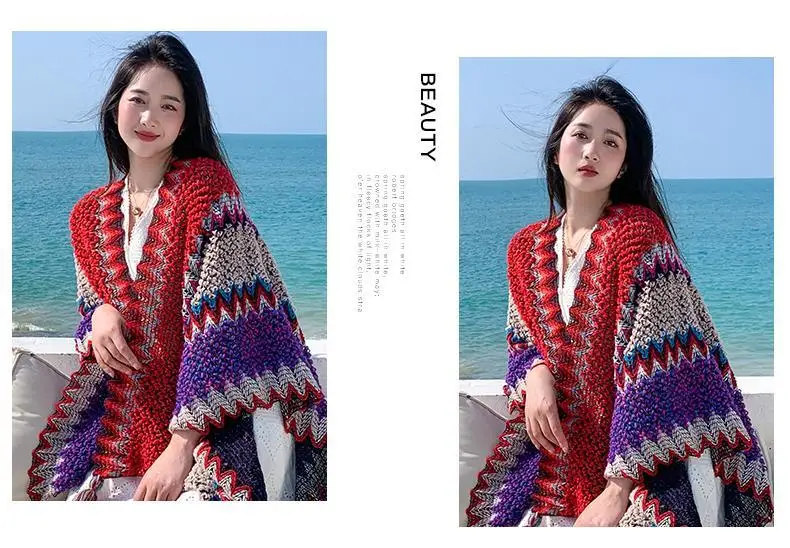 Ethnic Style Cape Oversized Sweater Jacket Women Fashion New Loose Patchwork Warm Long Scarf Knitted Cardigan Woman