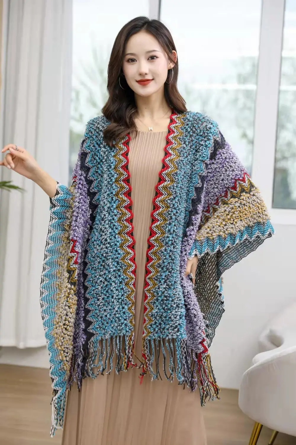 Ethnic Style Cape Oversized Sweater Jacket Women Fashion New Loose Patchwork Warm Long Scarf Knitted Cardigan Woman