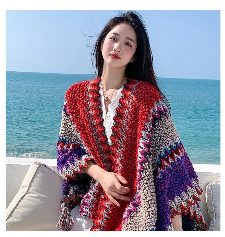 Ethnic Style Cape Oversized Sweater Jacket Women Fashion New Loose Patchwork Warm Long Scarf Knitted Cardigan Woman
