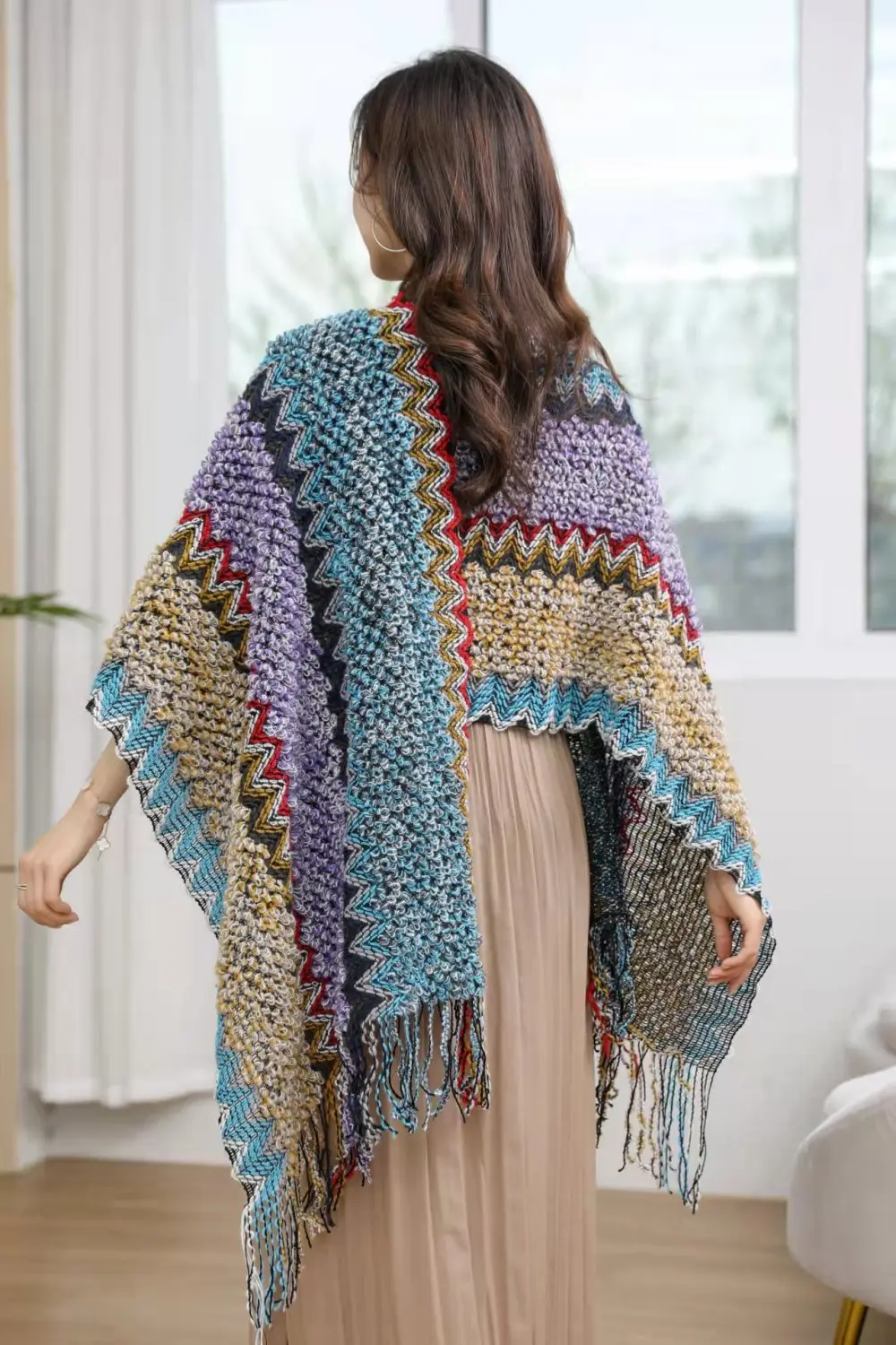 Ethnic Style Cape Oversized Sweater Jacket Women Fashion New Loose Patchwork Warm Long Scarf Knitted Cardigan Woman