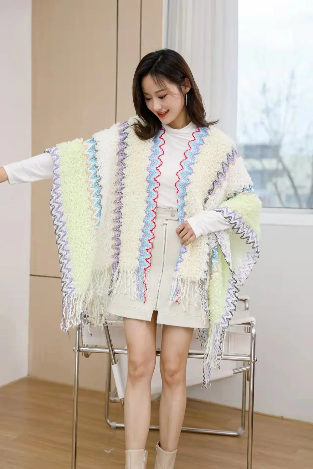 Ethnic Style Cape Oversized Sweater Jacket Women Fashion New Loose Patchwork Warm Long Scarf Knitted Cardigan Woman