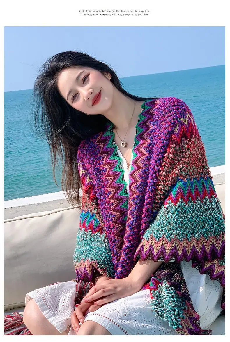 Ethnic Style Cape Oversized Sweater Jacket Women Fashion New Loose Patchwork Warm Long Scarf Knitted Cardigan Woman