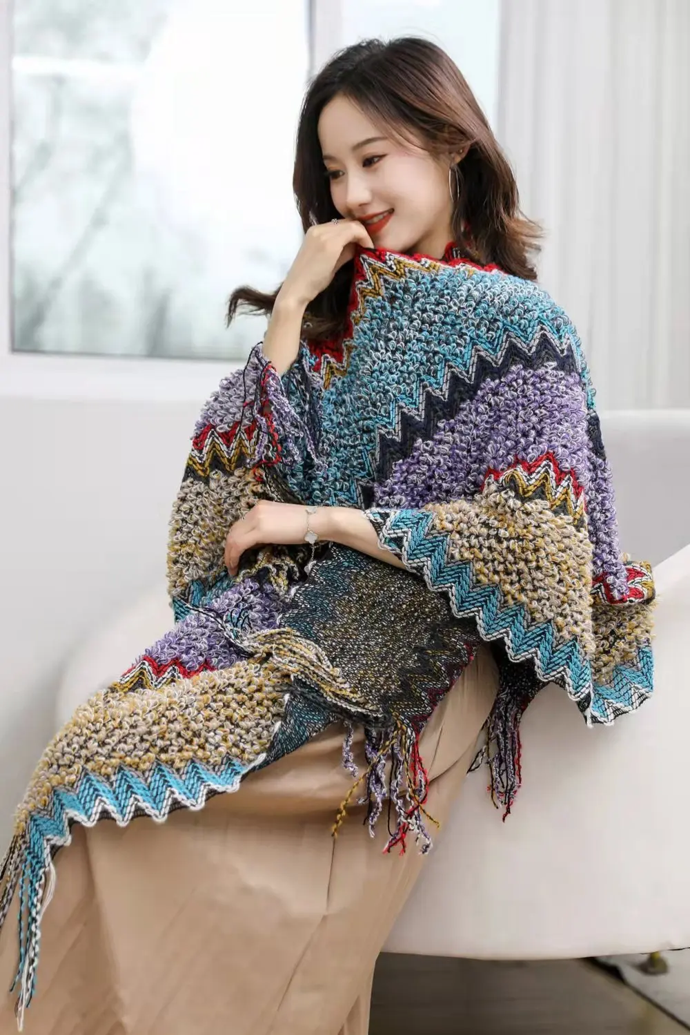 Ethnic Style Cape Oversized Sweater Jacket Women Fashion New Loose Patchwork Warm Long Scarf Knitted Cardigan Woman