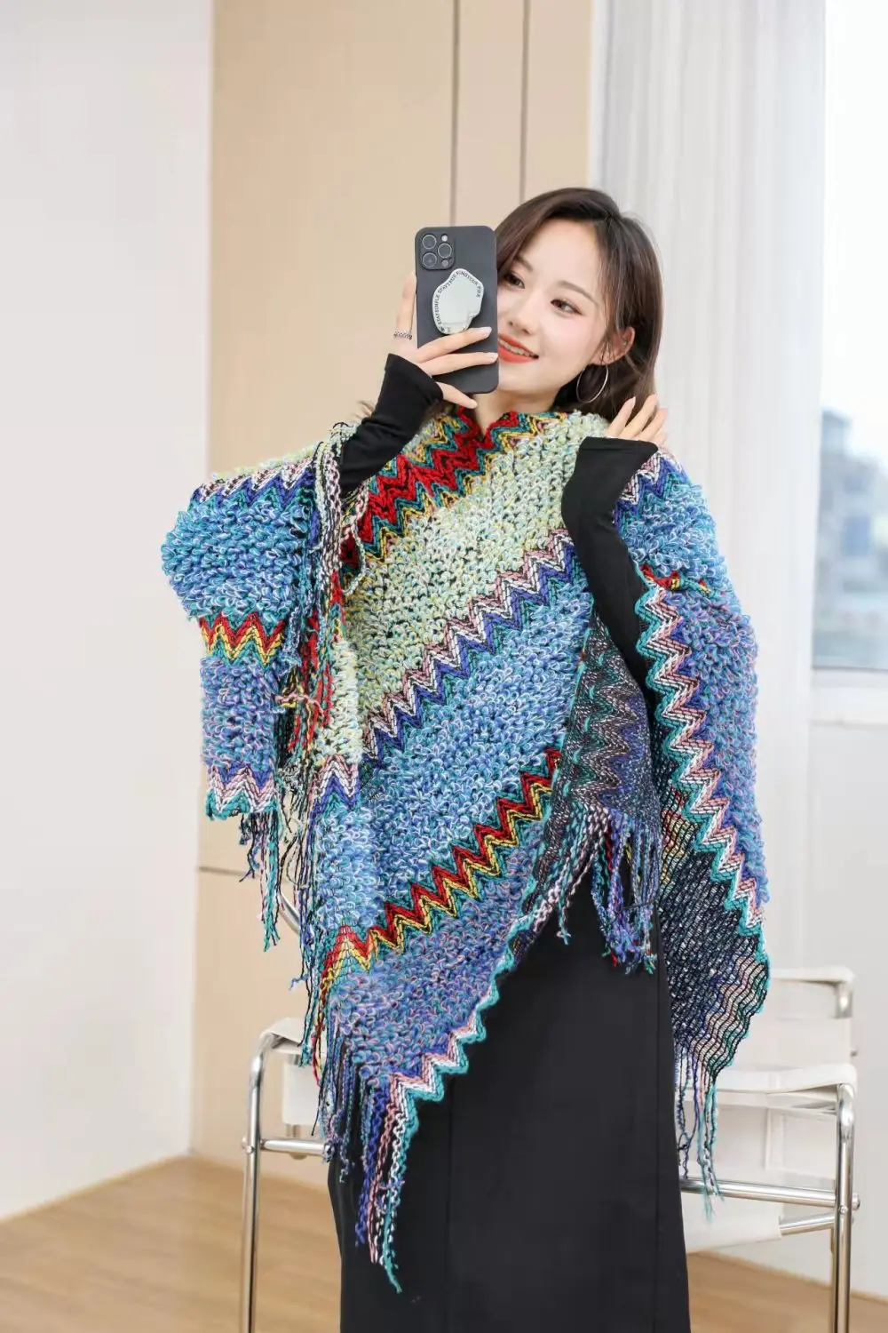 Ethnic Style Cape Oversized Sweater Jacket Women Fashion New Loose Patchwork Warm Long Scarf Knitted Cardigan Woman