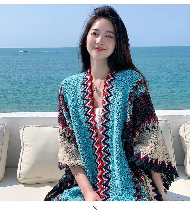 Ethnic Style Cape Oversized Sweater Jacket Women Fashion New Loose Patchwork Warm Long Scarf Knitted Cardigan Woman