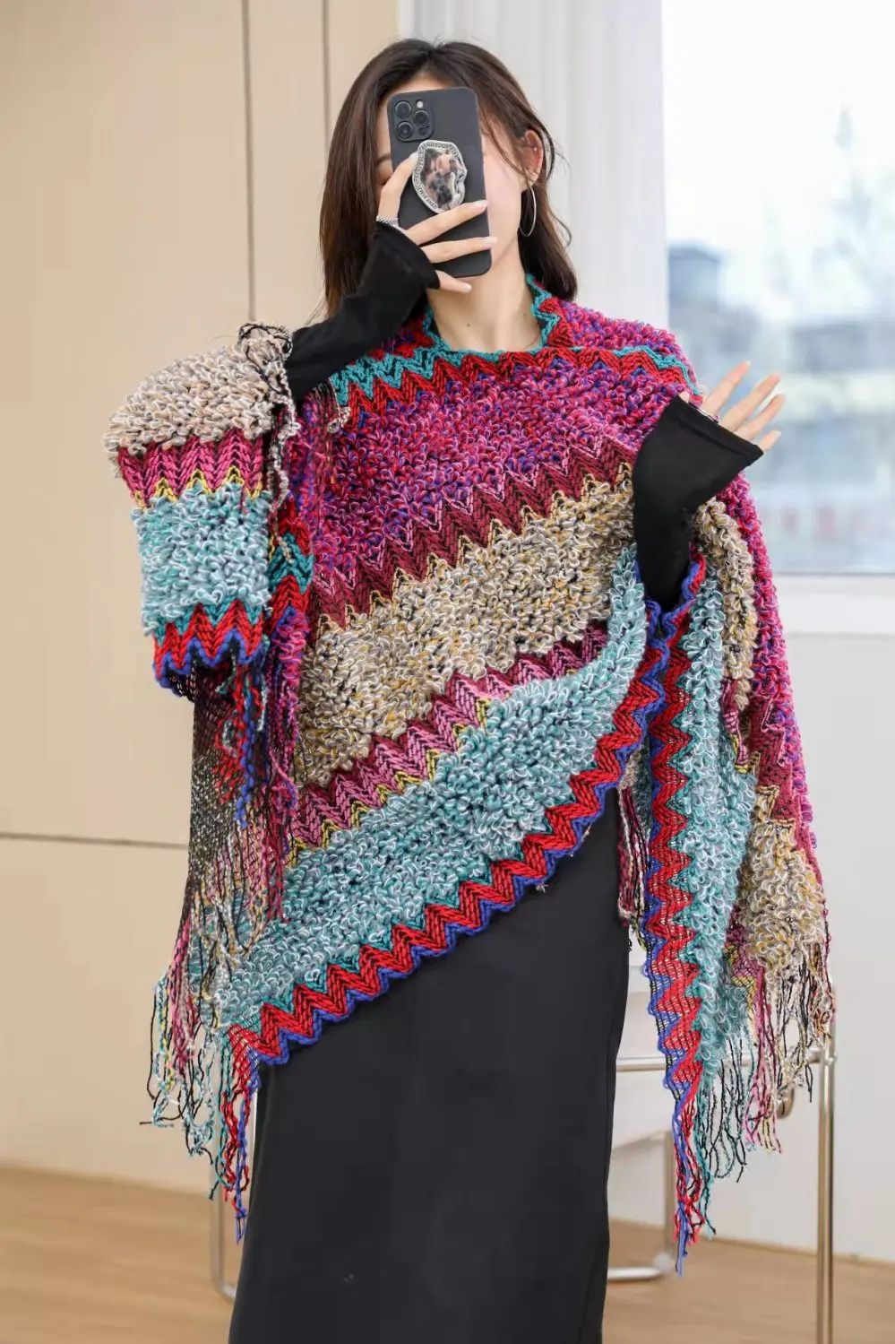 Ethnic Style Cape Oversized Sweater Jacket Women Fashion New Loose Patchwork Warm Long Scarf Knitted Cardigan Woman