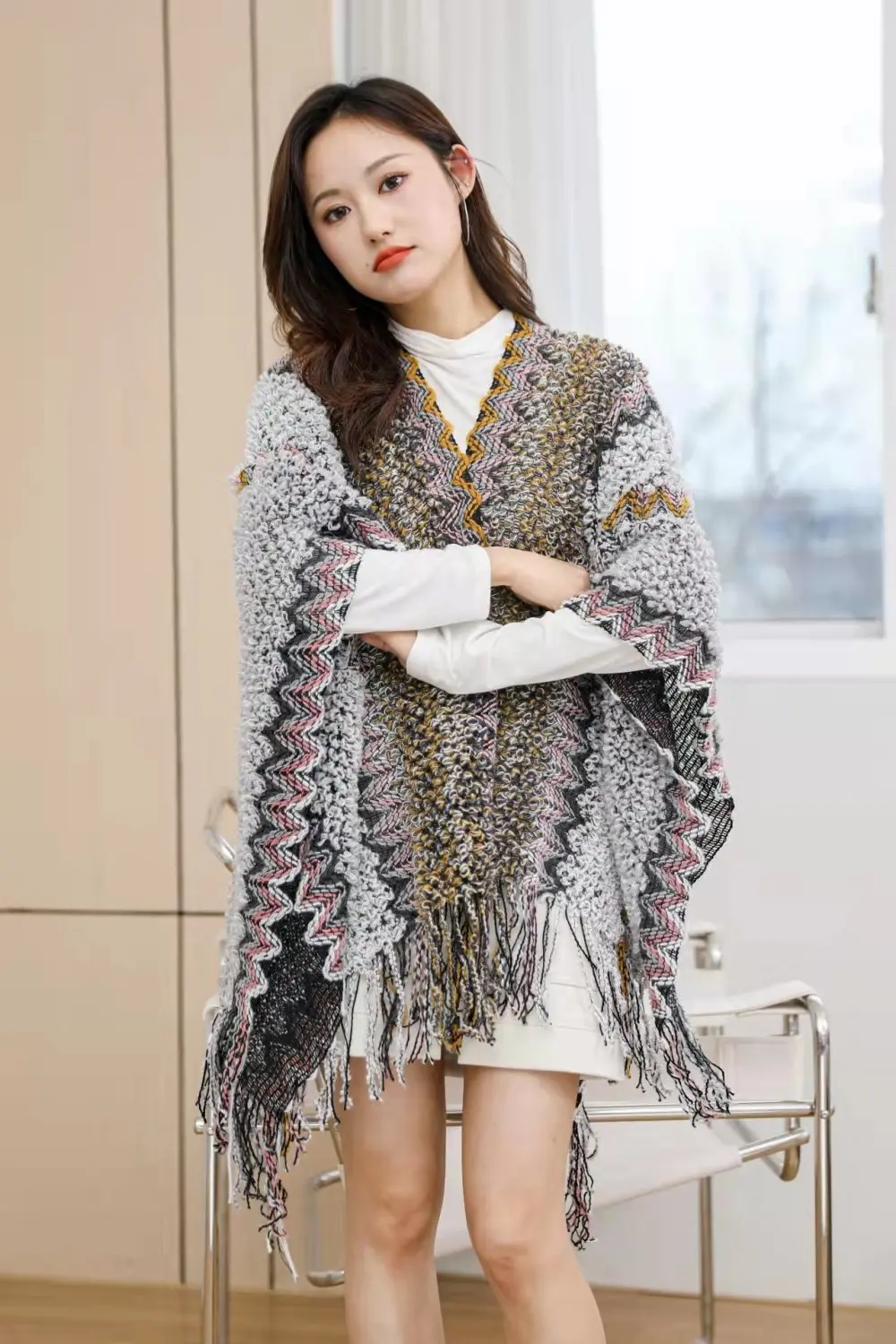 Ethnic Style Cape Oversized Sweater Jacket Women Fashion New Loose Patchwork Warm Long Scarf Knitted Cardigan Woman