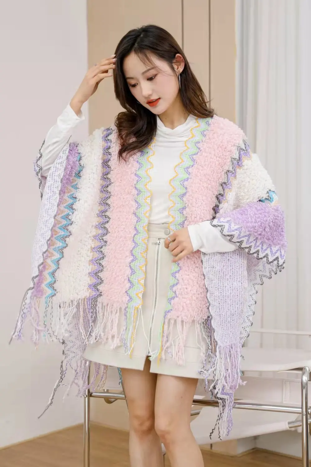Ethnic Style Cape Oversized Sweater Jacket Women Fashion New Loose Patchwork Warm Long Scarf Knitted Cardigan Woman