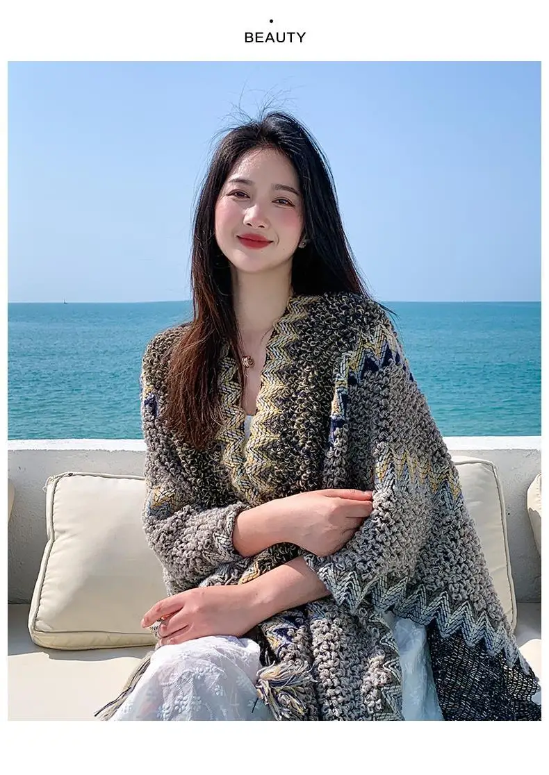 Ethnic Style Cape Oversized Sweater Jacket Women Fashion New Loose Patchwork Warm Long Scarf Knitted Cardigan Woman
