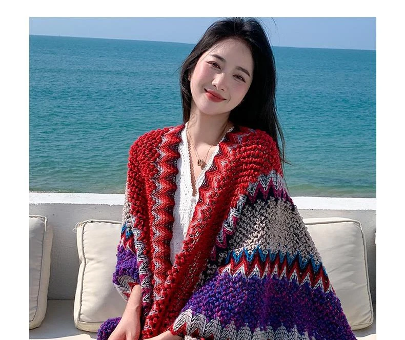 Ethnic Style Cape Oversized Sweater Jacket Women Fashion New Loose Patchwork Warm Long Scarf Knitted Cardigan Woman