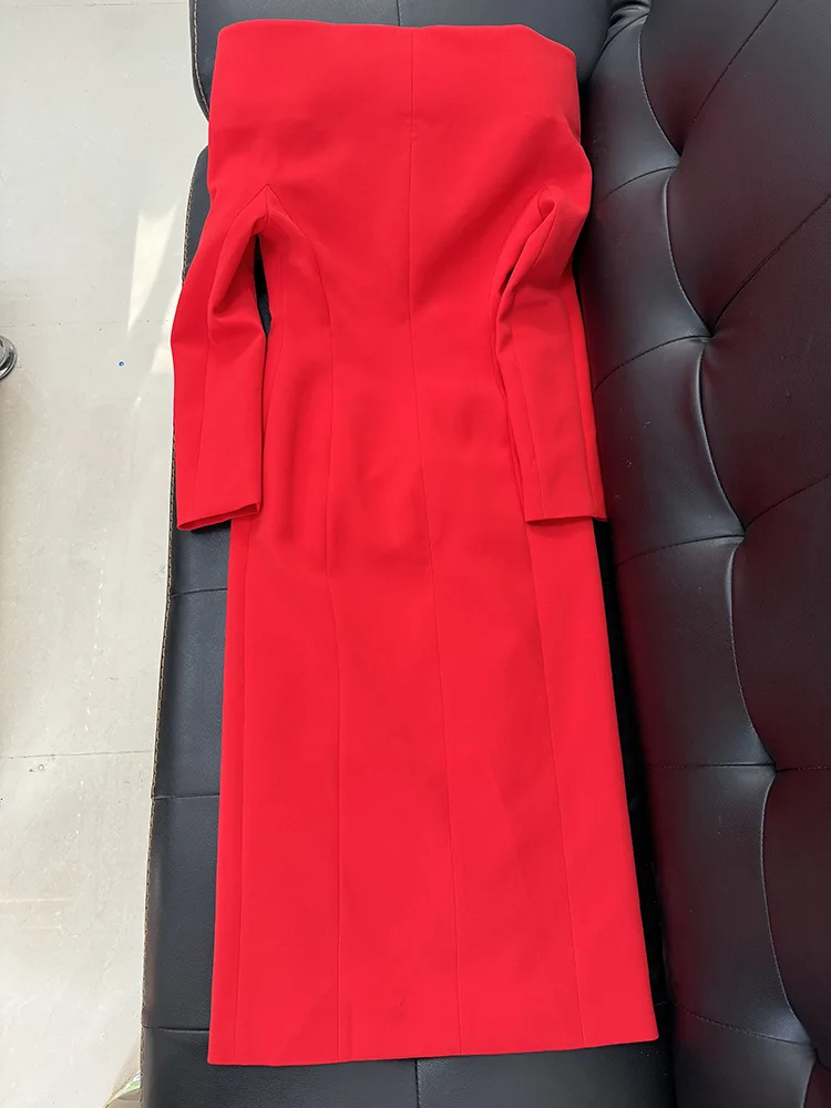 Black Red Color Women Long Sleeve Sexy Off the Shoulder Bodycon Mid-calf Evening Party Dress Celebrity Red Carpet Outfit