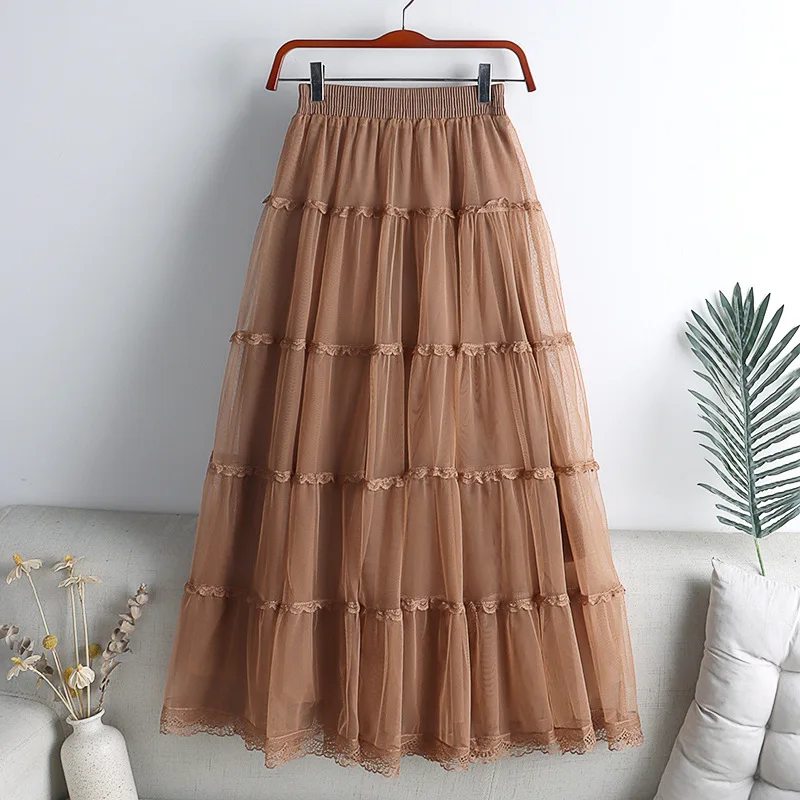 Lace Patchwork Pleated Midi Long Skirt Women 2026 Spring Summer Elegant High Waist Casual Skirts