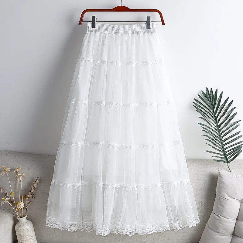 Lace Patchwork Pleated Midi Long Skirt Women 2026 Spring Summer Elegant High Waist Casual Skirts