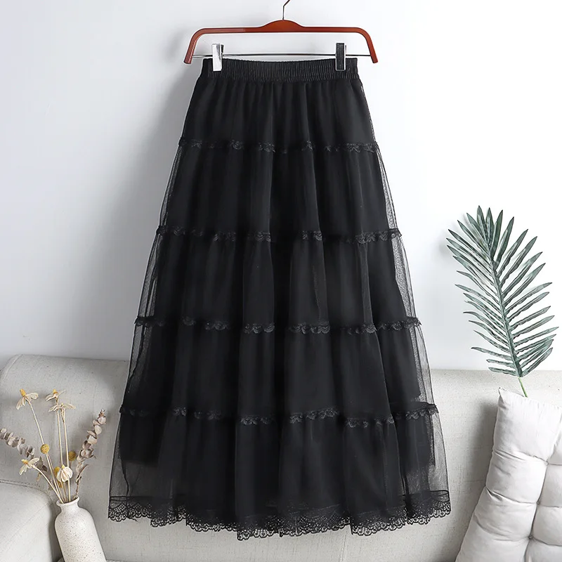 Lace Patchwork Pleated Midi Long Skirt Women 2026 Spring Summer Elegant High Waist Casual Skirts