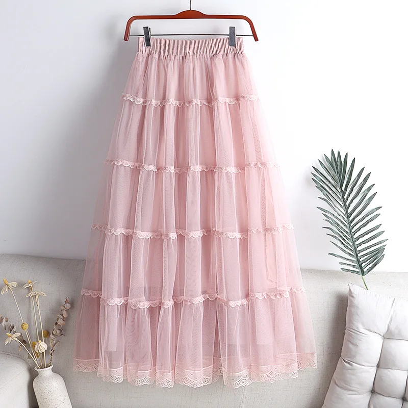 Lace Patchwork Pleated Midi Long Skirt Women 2026 Spring Summer Elegant High Waist Casual Skirts
