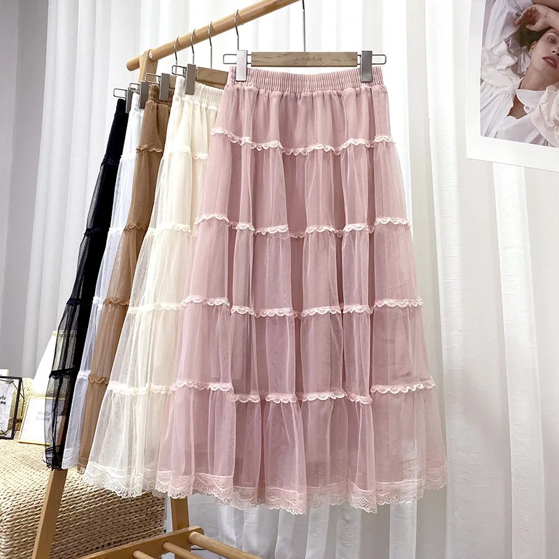 Lace Patchwork Pleated Midi Long Skirt Women 2026 Spring Summer Elegant High Waist Casual Skirts