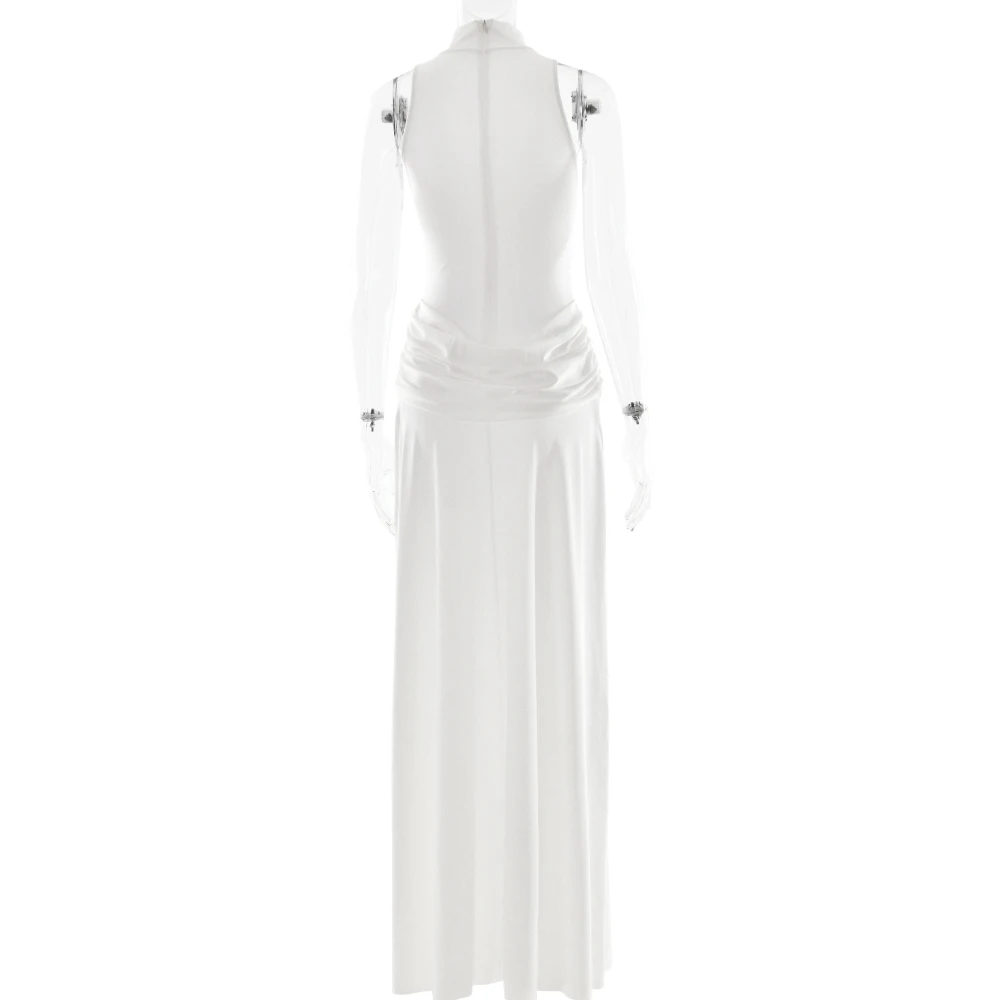 JULISSA MO Sexy High Slit Turtleneck Women Maxi Dress White Sleeveless High Waist Dress Femme Summer Slim Elegant Party Clubwear