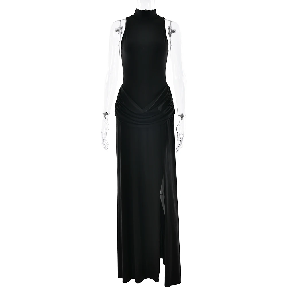 JULISSA MO Sexy High Slit Turtleneck Women Maxi Dress White Sleeveless High Waist Dress Femme Summer Slim Elegant Party Clubwear