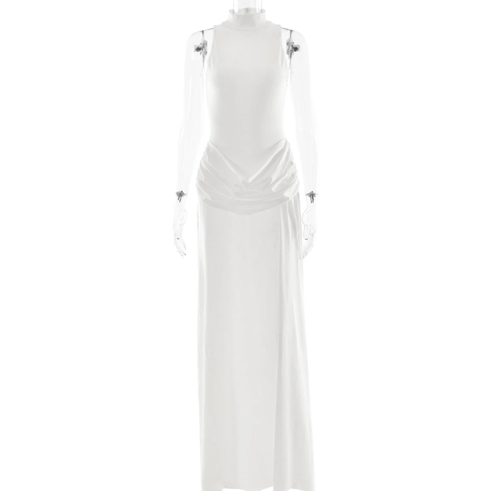 JULISSA MO Sexy High Slit Turtleneck Women Maxi Dress White Sleeveless High Waist Dress Femme Summer Slim Elegant Party Clubwear