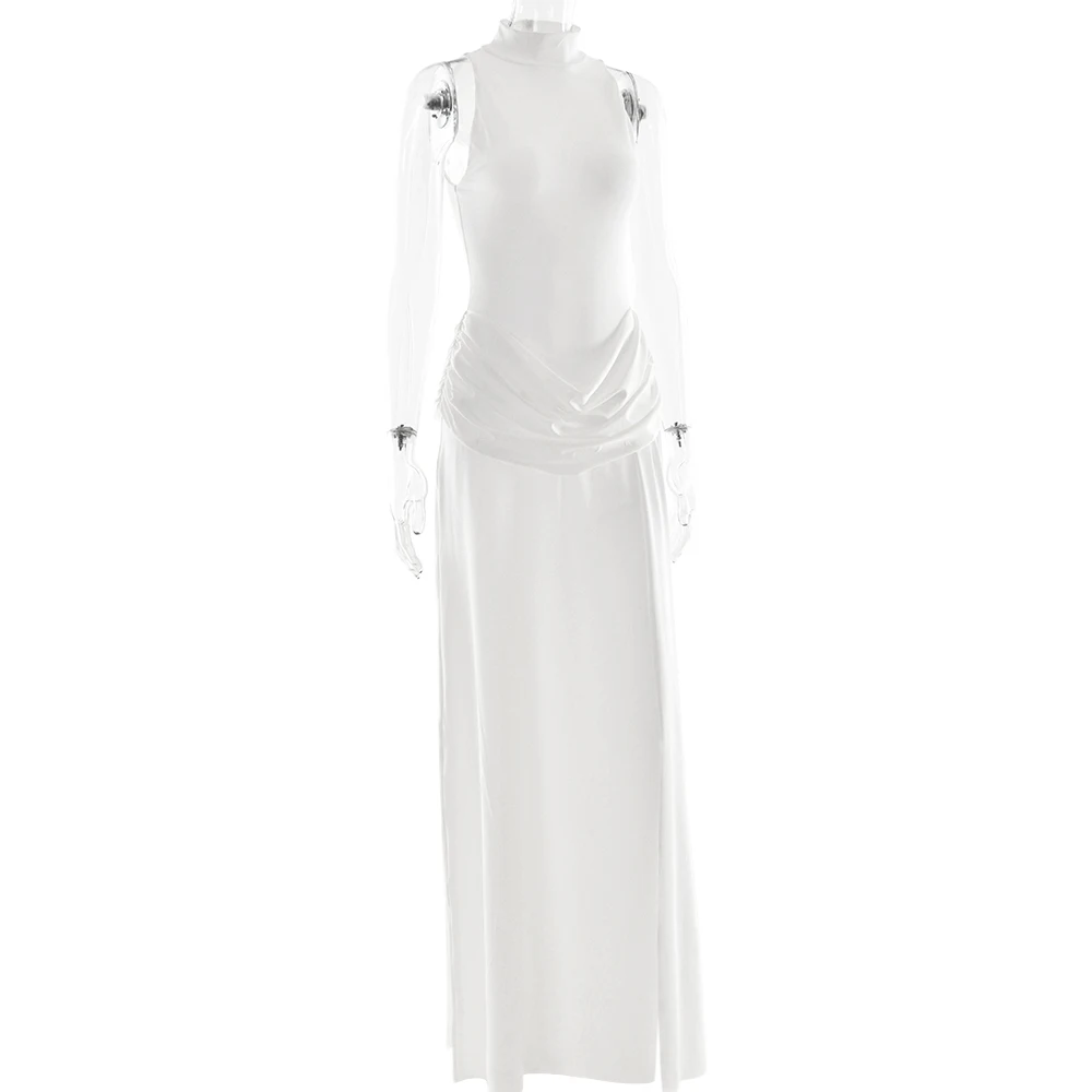 JULISSA MO Sexy High Slit Turtleneck Women Maxi Dress White Sleeveless High Waist Dress Femme Summer Slim Elegant Party Clubwear